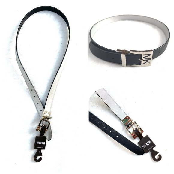 NWT MK  reversible Silver/Black Logo Plaque belt - Picture 1 of 10
